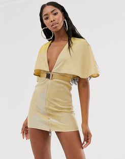 plunge belted cape mini dress in gold