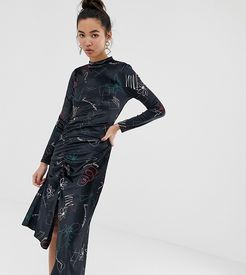 inspired midi velvet dress in floral art print with ruched hem-Black
