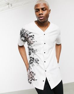 baseball shirt with floral skull side print in white