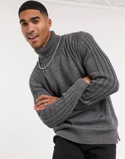 contrast shoulder roll neck sweater in gray