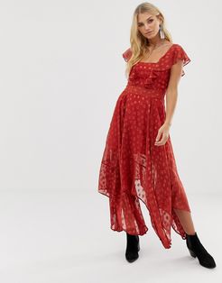 maxi dress in sheer dobby with frill detail-Red