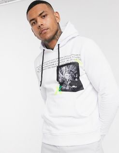 text print hoodie with iridescent strips patch in white
