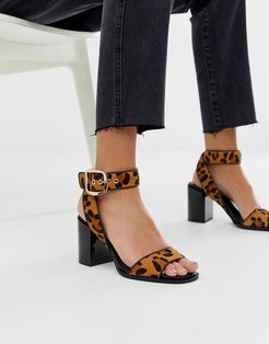 block heeled sandals with ankle strap in leopard print-Brown