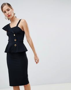 button peplum bodycon dress in black