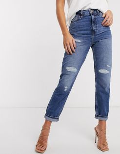 Carrie ripped high rise mom jeans in mid auth blue-Blues