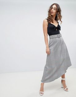 check asymmetric midi skirt-Grey