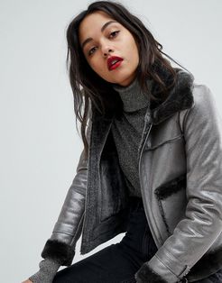 Faux Shearling Trucker Jacket-Silver