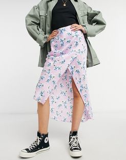 floral bias satin midi skirt in mint-Green