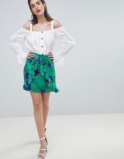 Floral Print Ruffle Front Wrap Skirt-Green