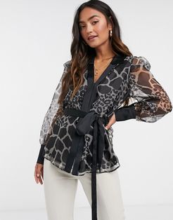 giraffe print organza wrap blouse in black