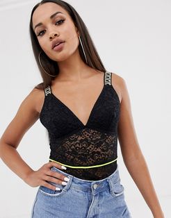 lace body with neon piping in black