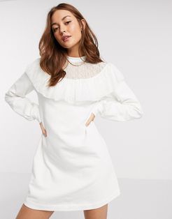long sleeve lace insert frill sweat dress in cream-White