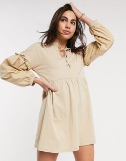 long sleeve poplin tiered mini dress in beige-Neutral