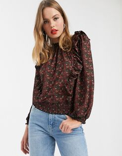 long sleeve shirred ditsy floral frill top in black