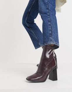 patent heeled sock boot in dark red