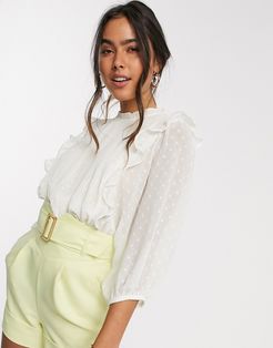 pleated frill front blouse in cream-White