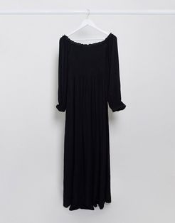 ruched bardot maxi dress in black
