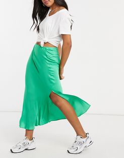 satin side split midi skirt in green
