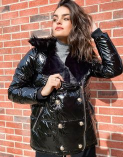 shiny padded aviator jacket with faux fur collar in black