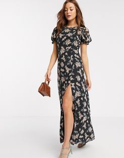 short sleeve chiffon floral maxi dress in black