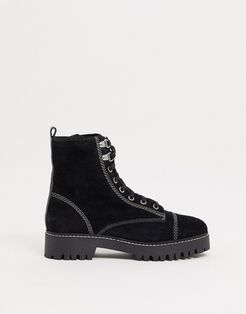 suede lace up boots with contrast stitches in black