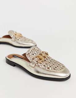 woven mules with metal trim in gold