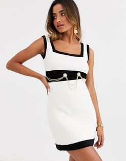 anamaree faux pearl micro mini dress with chain belt-Cream