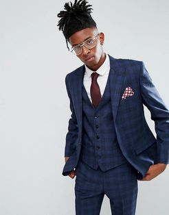 Blue Prince Of Wales Check Skinny Fit Suit Jacket-Blues