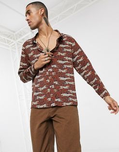 leaping leo print shirt in orange-Brown