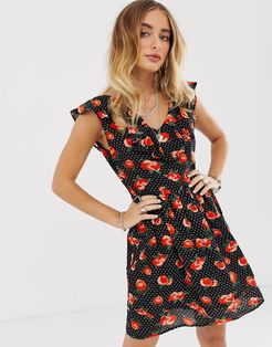 mini ruffle dress in peach print-Black