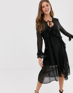 sheer midi smock dress in dobby-Black