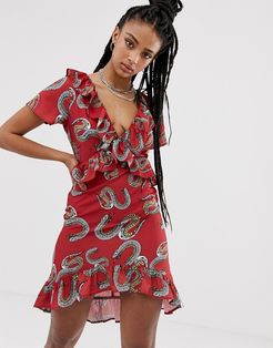tea dress with frill detail in snake