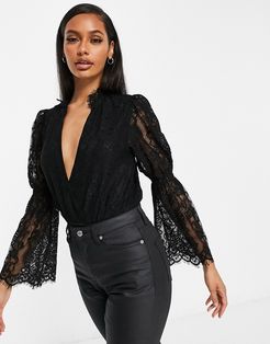 plunge front lace sleeve bodysuit in black