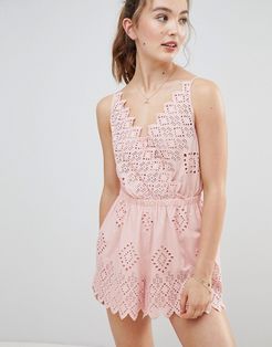 Broderie Beach Romper-Pink