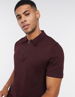 knitted 1/4 zip polo in burgundy-Red