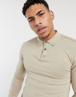 long sleeve knitted polo in beige-White