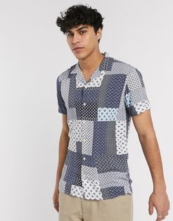 short sleeve revere collar patchwork shirt in blue-Blues