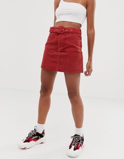 belt detail corduroy mini skirt-Red