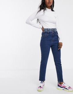 mom jeans with reconstructed waist-Blues