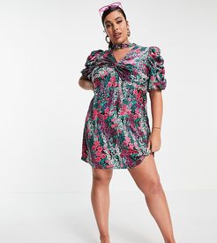 satin a line dress with puff sleeves in floral print-Multi