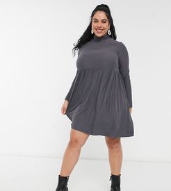 smock dress with high neck detail in dark gray-Grey