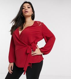 wrap blouse with lace detail in red-Black