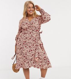 wrap dress with frill in floral print-Pink