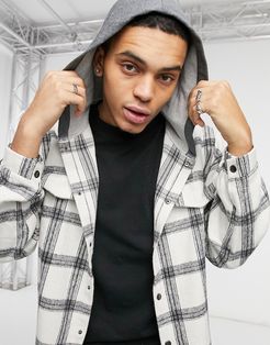 tartan shirt with hood in white and gray check-Multi