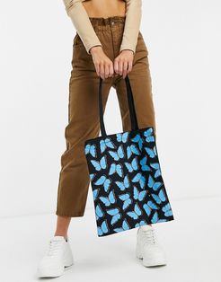 canvas tote bag in blue butterfly print
