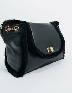 cross body bag in black with faux fur trim