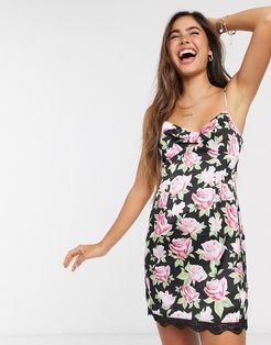 mini slip dress with tie front in vintage rose floral-Black