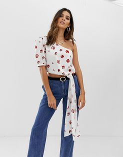 one shoulder top with exaggerated drape in floral-White