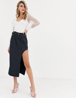 pencil midi skirt with high split in pinstripe-Navy