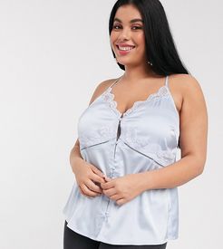 cami top with button front and lace trim in satin-Blues